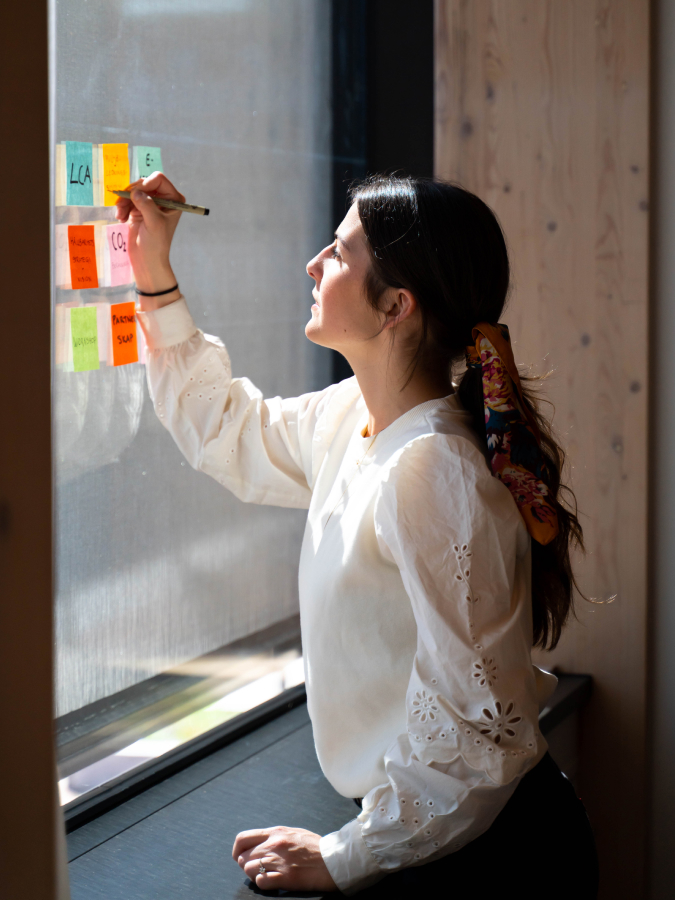 Women writing on sticky notes stuck to a window