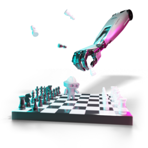 A robot hand playing chess and 3D animated figure standing on the chess board
