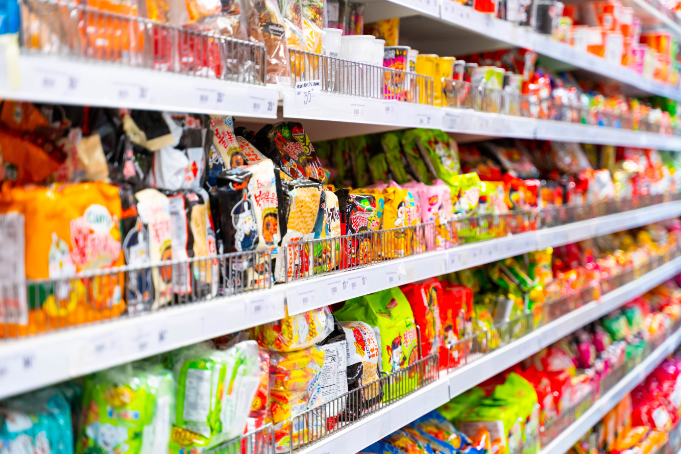 Colorful noodles on shelf
