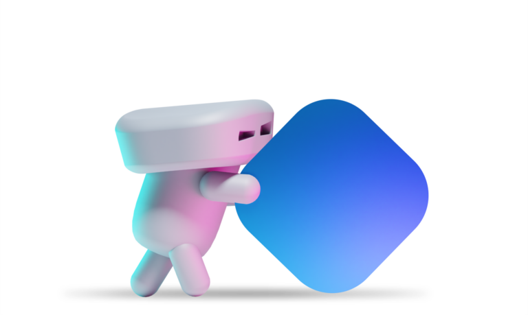 A cute 3D animated figure with pushing a rectangle