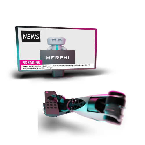 Robotic hand holding remote control and 3D animated TV displaying a cute 3D figure presenting the news