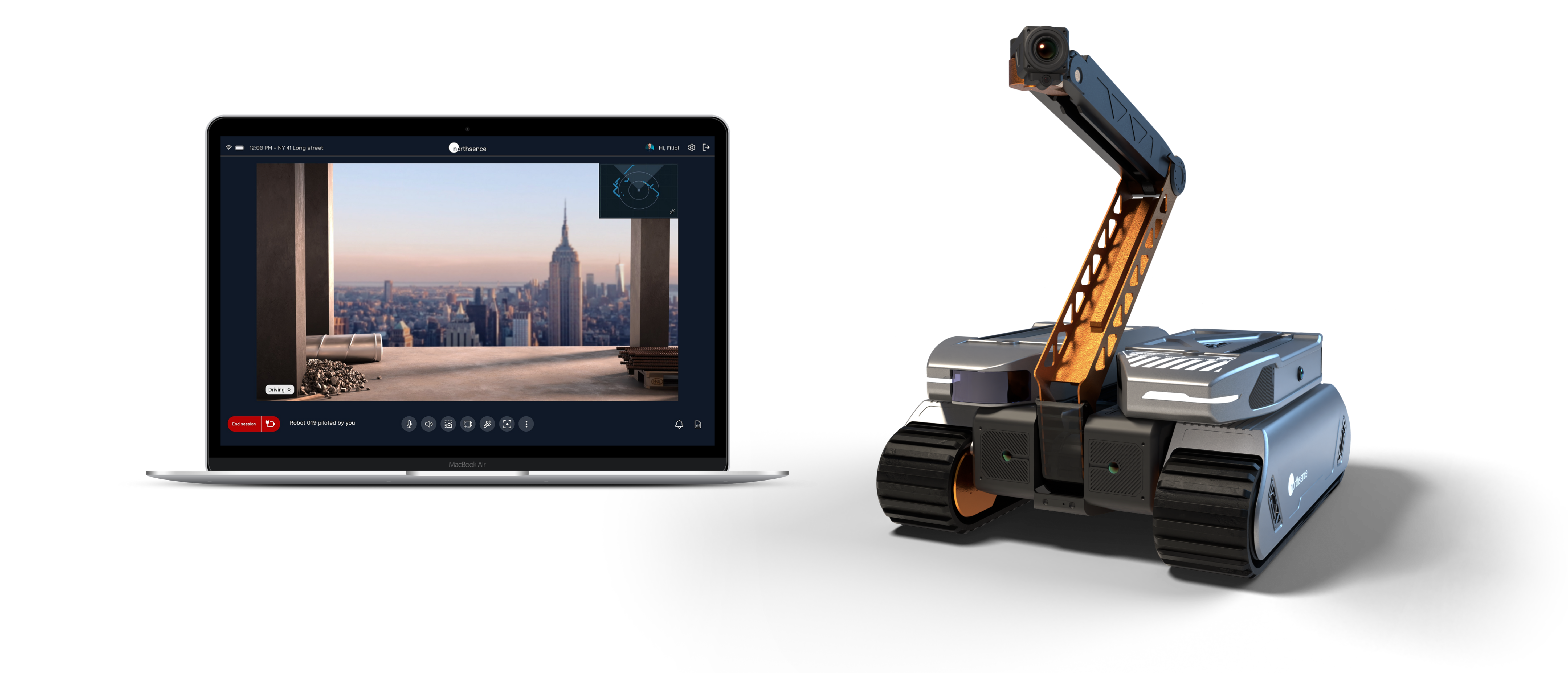 Laptop with Northsence interface to the left and Northsence robot to the right